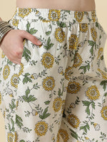 Thumbnail for Yufta White And Yellow Floral Print Cotton Sequins Work Kurta Set With Pant & Dupatta