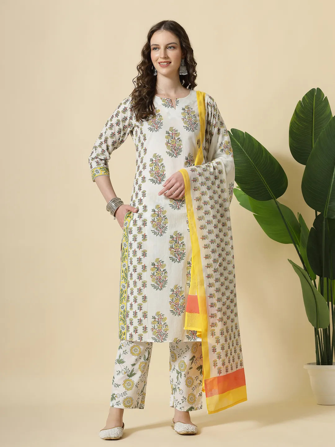 Yufta White And Yellow Floral Print Cotton Sequins Work Kurta Set With Pant & Dupatta - Distacart