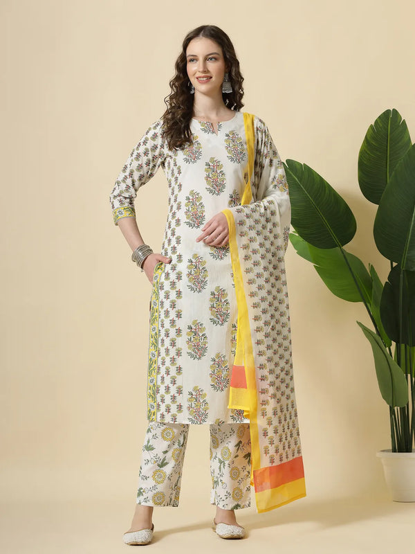 Yufta White And Yellow Floral Print Cotton Sequins Work Kurta Set With Pant & Dupatta