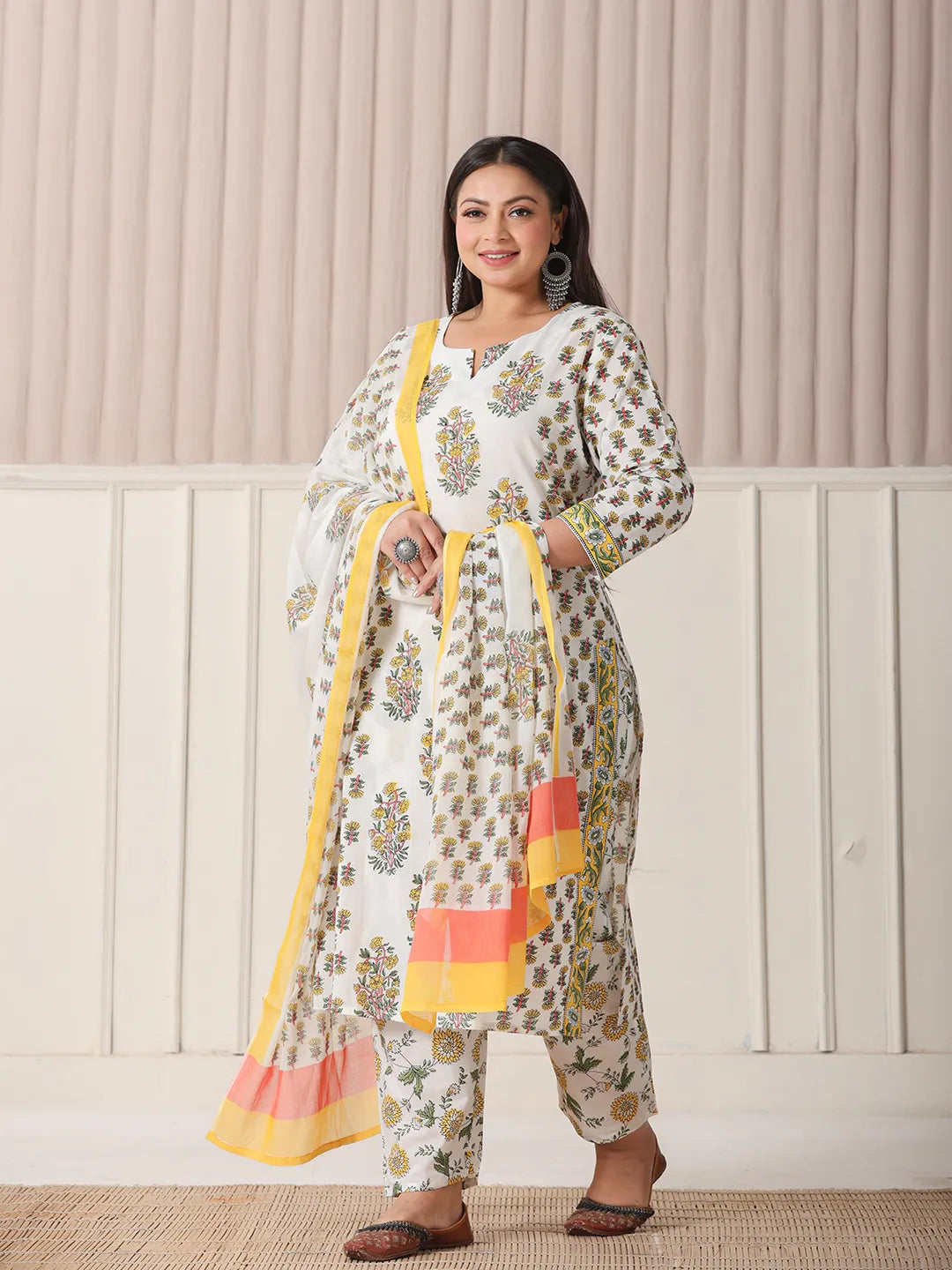 Yufta White And Yellow Floral Print Cotton Sequins Work Plus Size Kurta Set With Pant & Dupatta - Distacart
