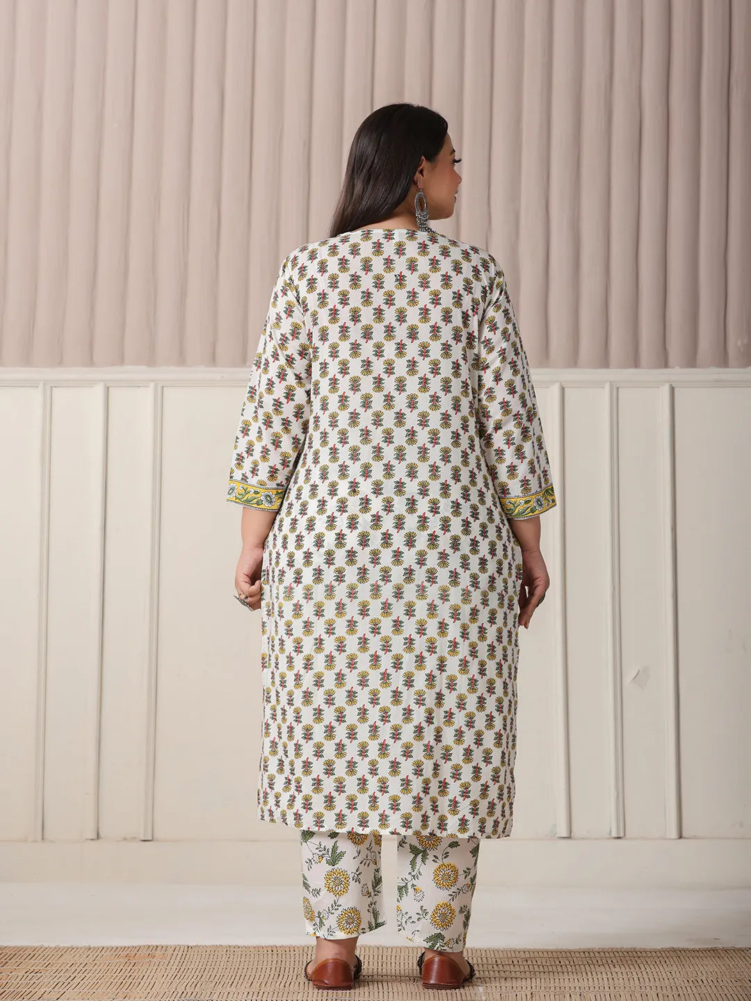 Yufta White And Yellow Floral Print Cotton Sequins Work Plus Size Kurta Set With Pant & Dupatta