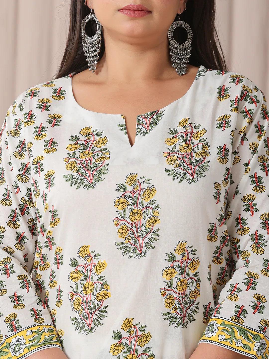 Yufta White And Yellow Floral Print Cotton Sequins Work Plus Size Kurta Set With Pant & Dupatta