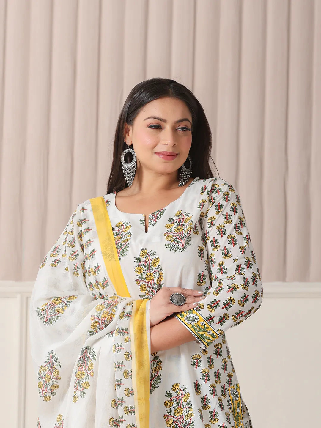 Yufta White And Yellow Floral Print Cotton Sequins Work Plus Size Kurta Set With Pant & Dupatta