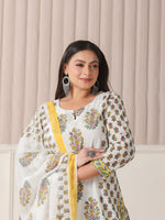 Thumbnail for Yufta White And Yellow Floral Print Cotton Sequins Work Plus Size Kurta Set With Pant & Dupatta