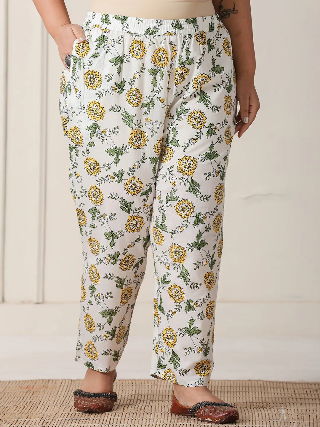 Yufta White And Yellow Floral Print Cotton Sequins Work Plus Size Kurta Set With Pant & Dupatta