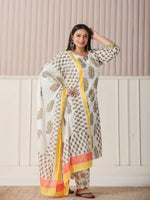 Thumbnail for Yufta White And Yellow Floral Print Cotton Sequins Work Plus Size Kurta Set With Pant & Dupatta