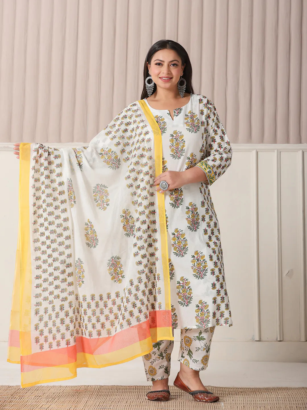 Yufta White And Yellow Floral Print Cotton Sequins Work Plus Size Kurta Set With Pant & Dupatta - Distacart