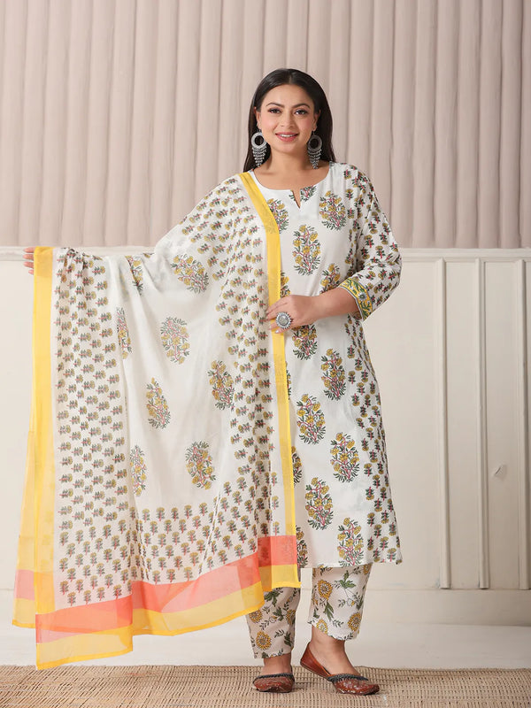 Yufta White And Yellow Floral Print Cotton Sequins Work Plus Size Kurta Set With Pant & Dupatta
