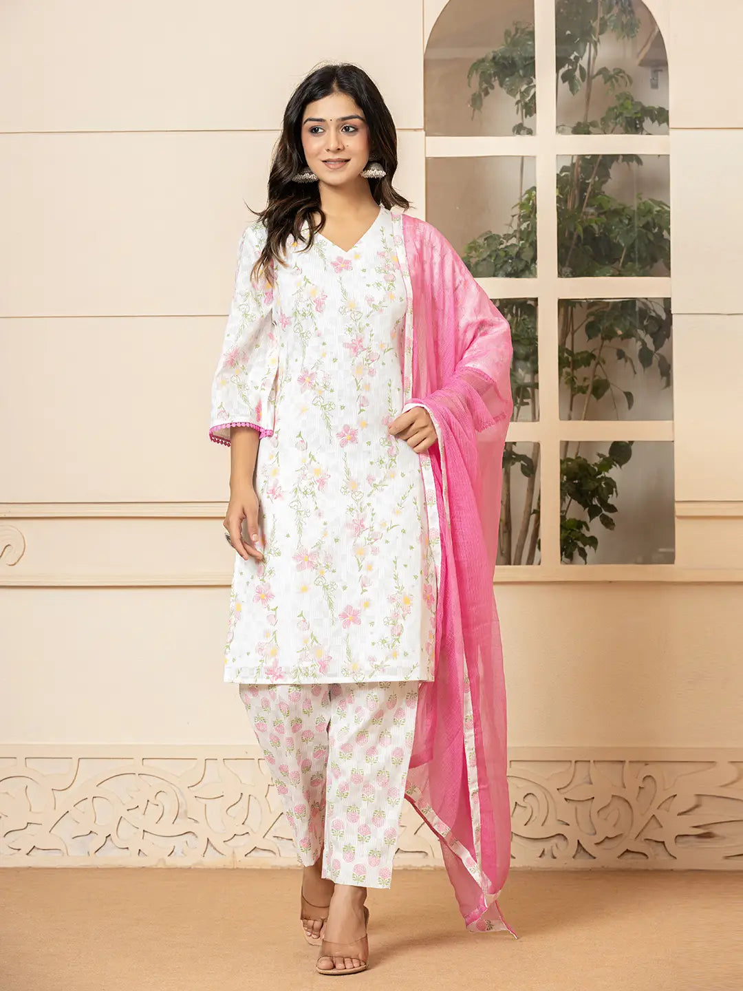 Yufta White Cotton Floral Print Kurta Dupatta Set - Distacart