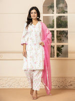 Thumbnail for Yufta White Cotton Floral Print Kurta Dupatta Set - Distacart
