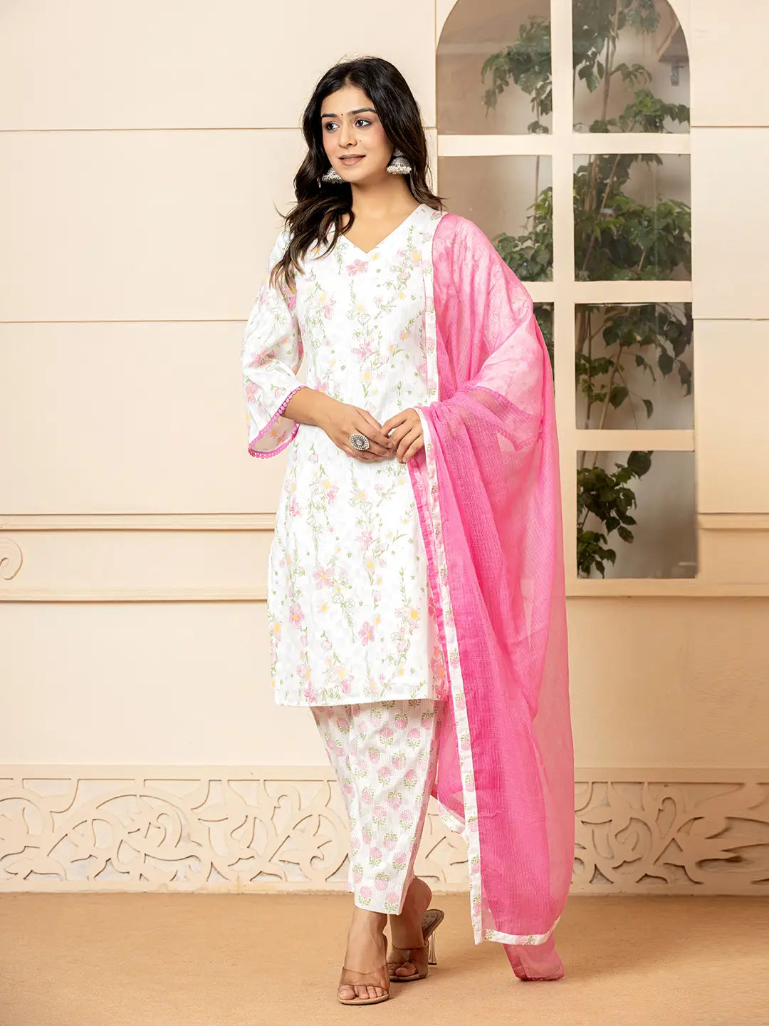 Yufta White Cotton Floral Print Kurta Dupatta Set - Distacart