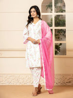 Thumbnail for Yufta White Cotton Floral Print Kurta Dupatta Set - Distacart