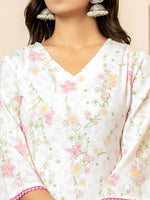 Thumbnail for Yufta White Cotton Floral Print Kurta Dupatta Set - Distacart