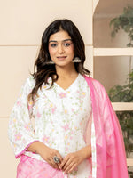 Thumbnail for Yufta White Cotton Floral Print Kurta Dupatta Set - Distacart