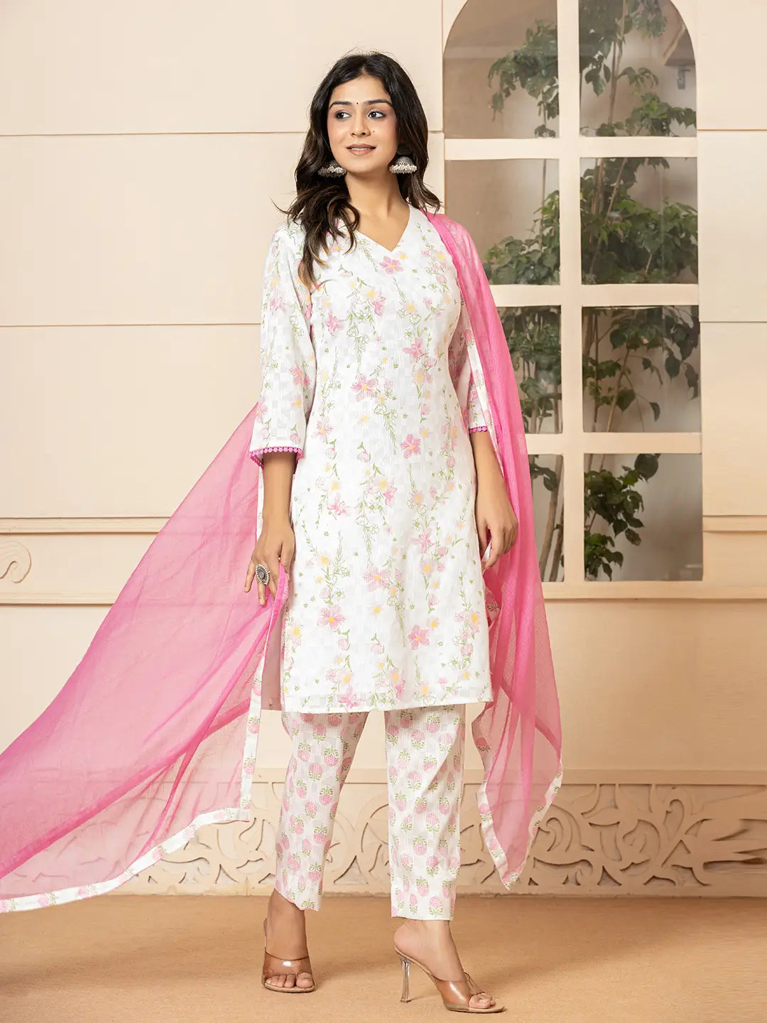Yufta White Cotton Floral Print Kurta Dupatta Set - Distacart
