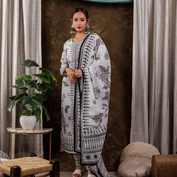 Yufta White Cotton Straight Paisley Kurta Dupatta Pant Set - Distacart