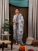 Thumbnail for Yufta White Cotton Straight Paisley Kurta Dupatta Pant Set