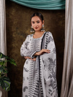 Thumbnail for Yufta White Cotton Straight Paisley Kurta Dupatta Pant Set