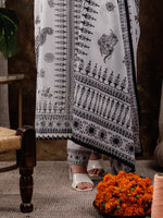 Thumbnail for Yufta White Cotton Straight Paisley Kurta Dupatta Pant Set
