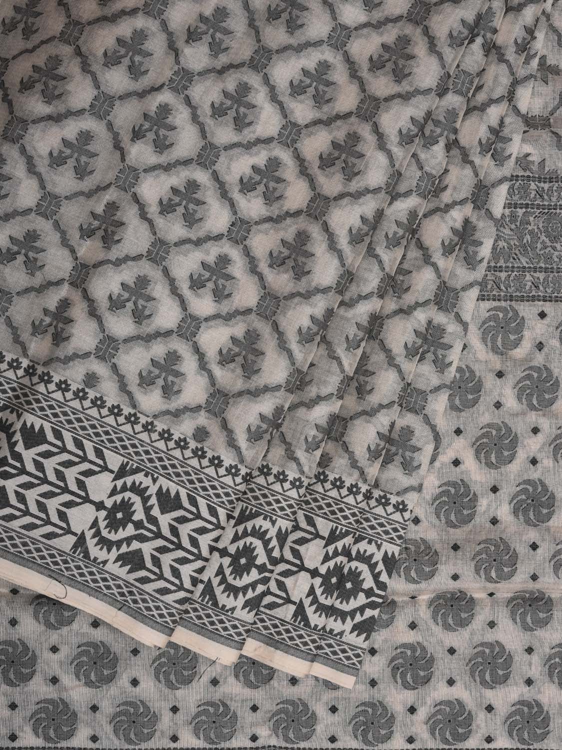 White Cut Work Cotton Handloom Saree with All Over Jamdani Style Design - Global Threads - Distacart