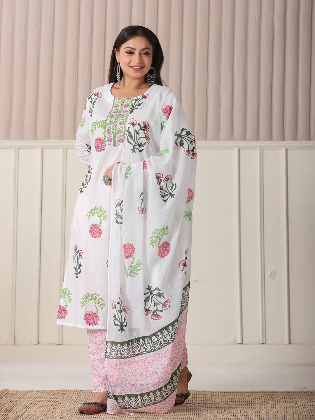 Yufta White Floral Print Cotton Show Button On Yoke Plus Size Kurta Set With Pant & Dupatta - Distacart