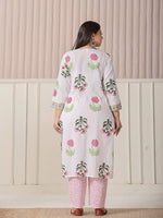 Thumbnail for Yufta White Floral Print Cotton Show Button On Yoke Plus Size Kurta Set With Pant & Dupatta