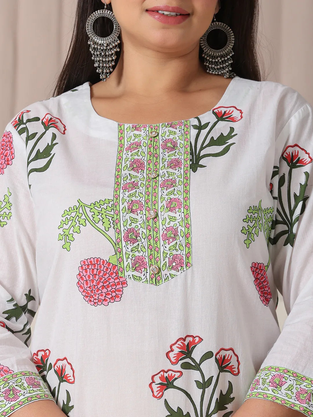 Yufta White Floral Print Cotton Show Button On Yoke Plus Size Kurta Set With Pant & Dupatta