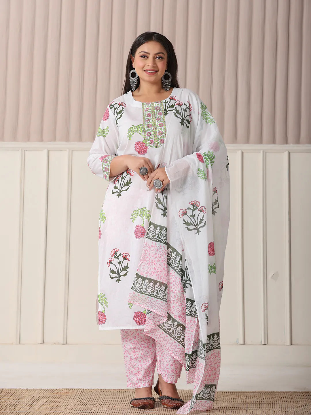 Yufta White Floral Print Cotton Show Button On Yoke Plus Size Kurta Set With Pant & Dupatta