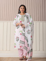 Thumbnail for Yufta White Floral Print Cotton Show Button On Yoke Plus Size Kurta Set With Pant & Dupatta