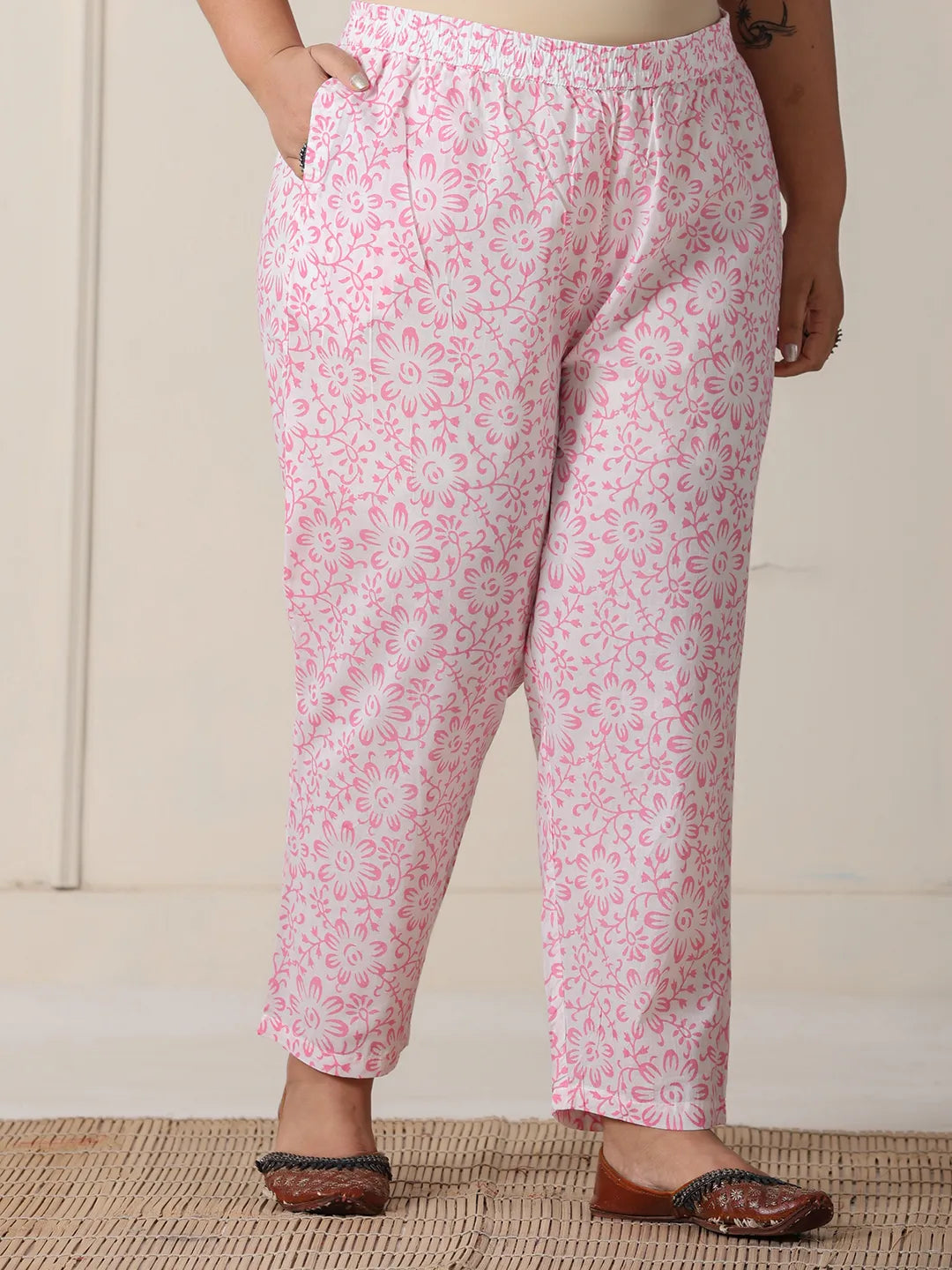 Yufta White Floral Print Cotton Show Button On Yoke Plus Size Kurta Set With Pant & Dupatta