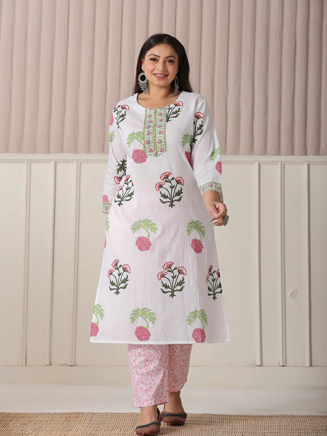 Yufta White Floral Print Cotton Show Button On Yoke Plus Size Kurta Set With Pant & Dupatta