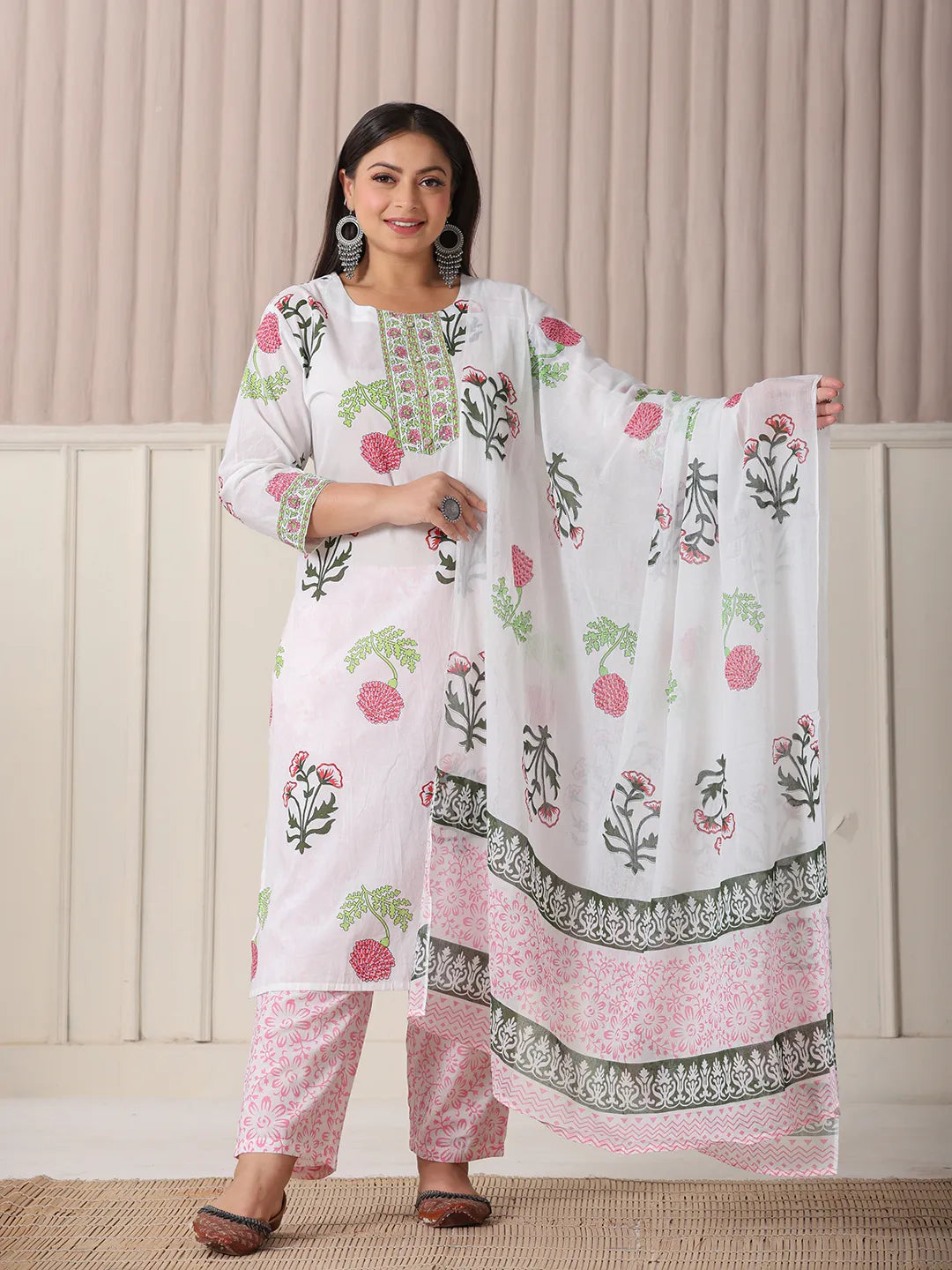 Yufta White Floral Print Cotton Show Button On Yoke Plus Size Kurta Set With Pant & Dupatta
