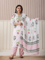 Thumbnail for Yufta White Floral Print Cotton Show Button On Yoke Plus Size Kurta Set With Pant & Dupatta