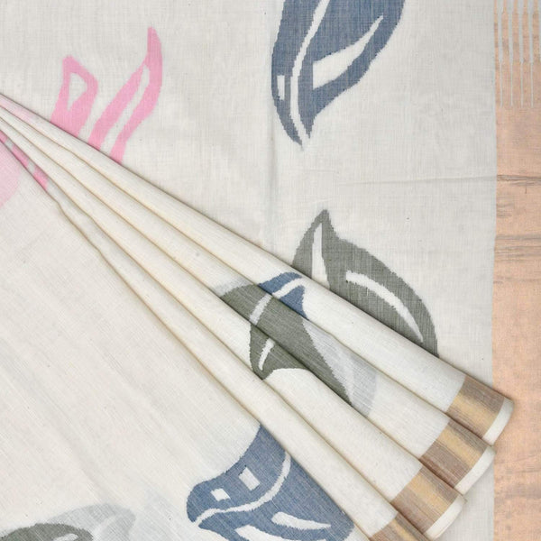 White Khadi Cotton Handloom Saree with Pallu Design - Global Threads - Distacart