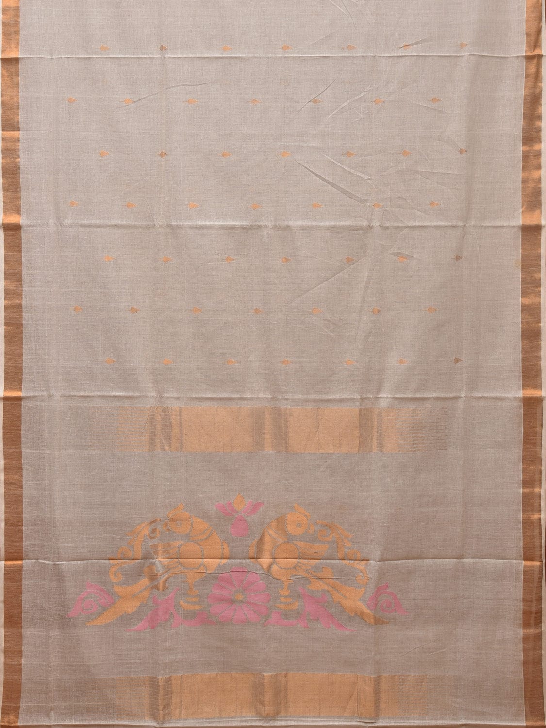White Khadi Cotton Handloom Saree with Parrots Pallu Design - Global Threads - Distacart