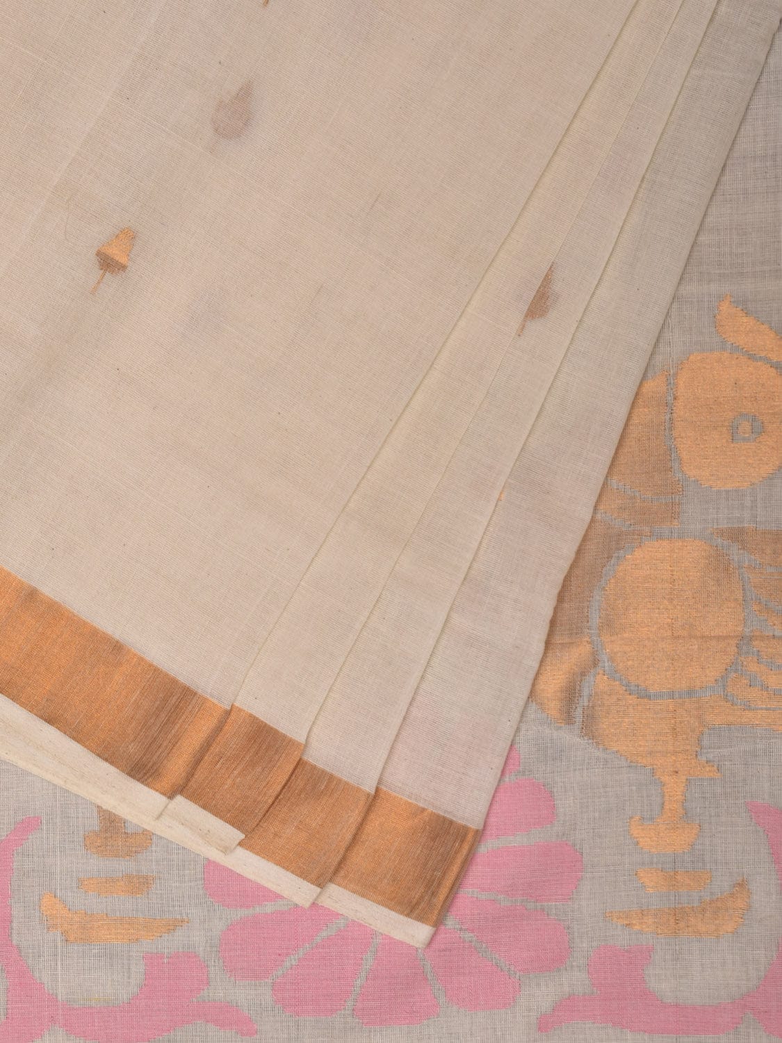 White Khadi Cotton Handloom Saree with Parrots Pallu Design - Global Threads - Distacart