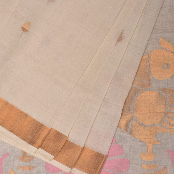 White Khadi Cotton Handloom Saree with Parrots Pallu Design - Global Threads - Distacart