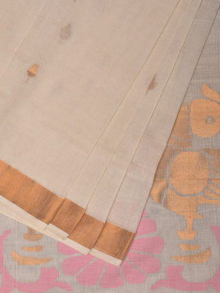 White Khadi Cotton Handloom Saree with Parrots Pallu Design - Global Threads - Distacart