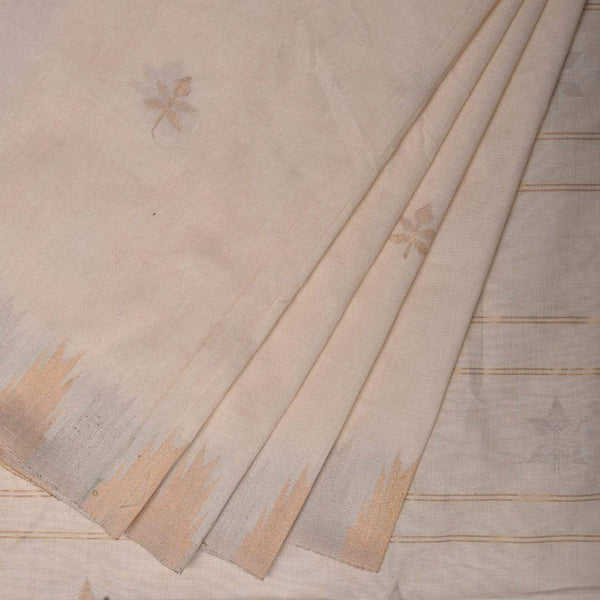 White Khadi Cotton Handloom Saree with Temple Border and Buta Design - Global Threads - Distacart