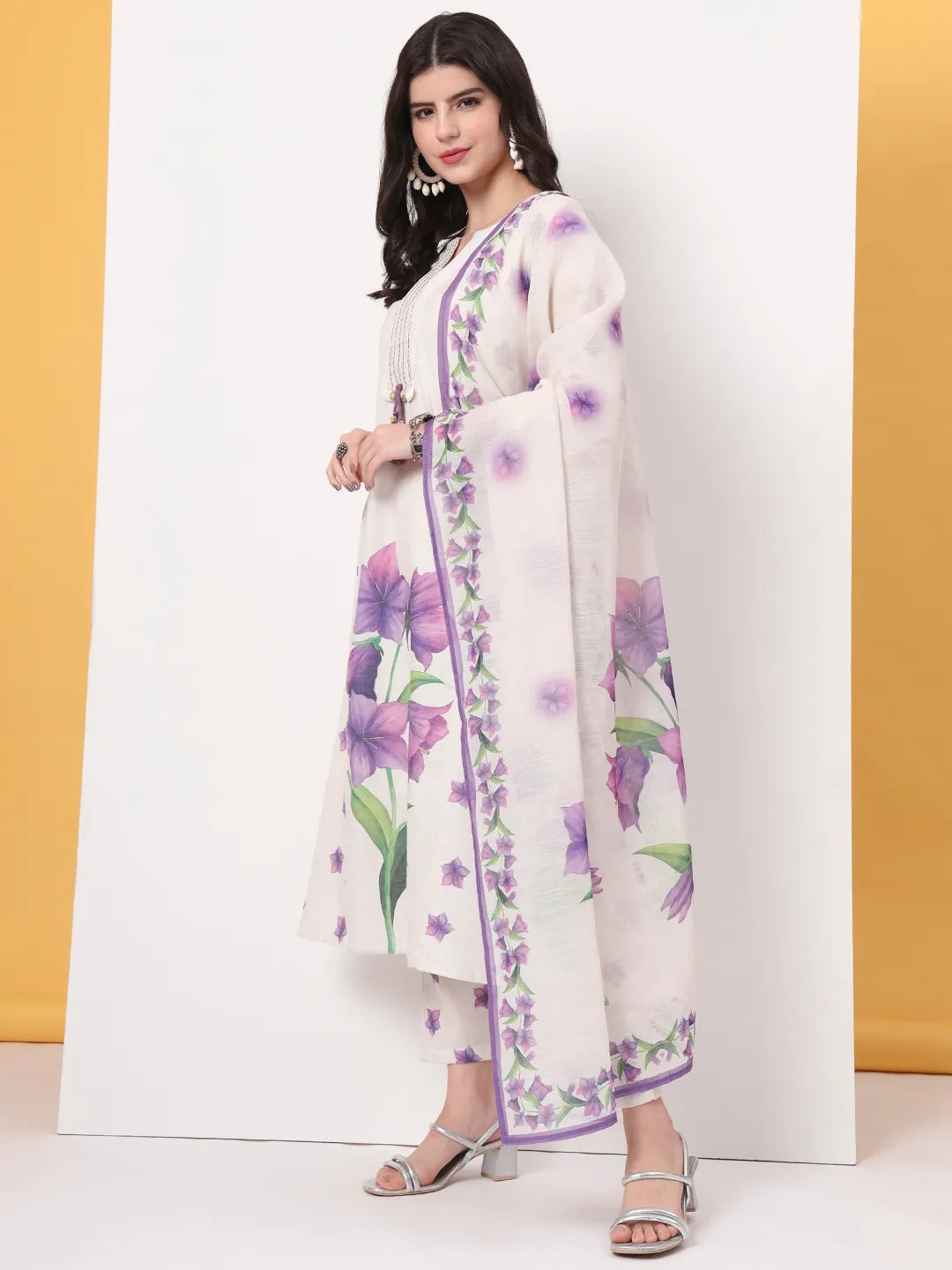 Yufta White Linen Cotton A Line Kurta Dupatta Pant Set - Distacart