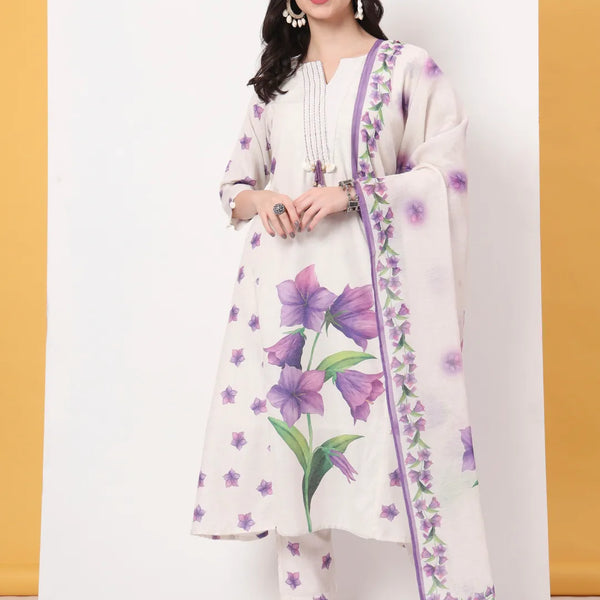 Yufta White Linen Cotton A Line Kurta Dupatta Pant Set - Distacart