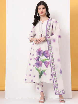 Yufta White Linen Cotton A Line Kurta Dupatta Pant Set - Distacart