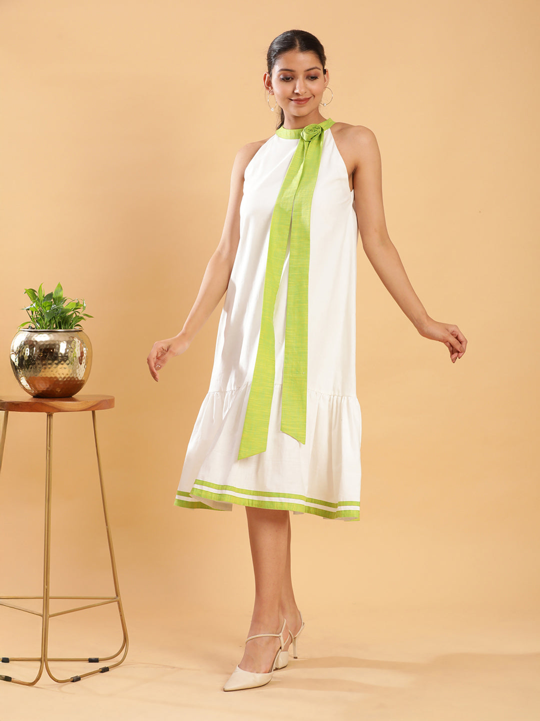 BohoJazz White linen Chic Dress with Lime Detailing