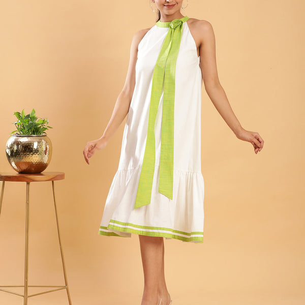 BohoJazz White linen Chic Dress with Lime Detailing