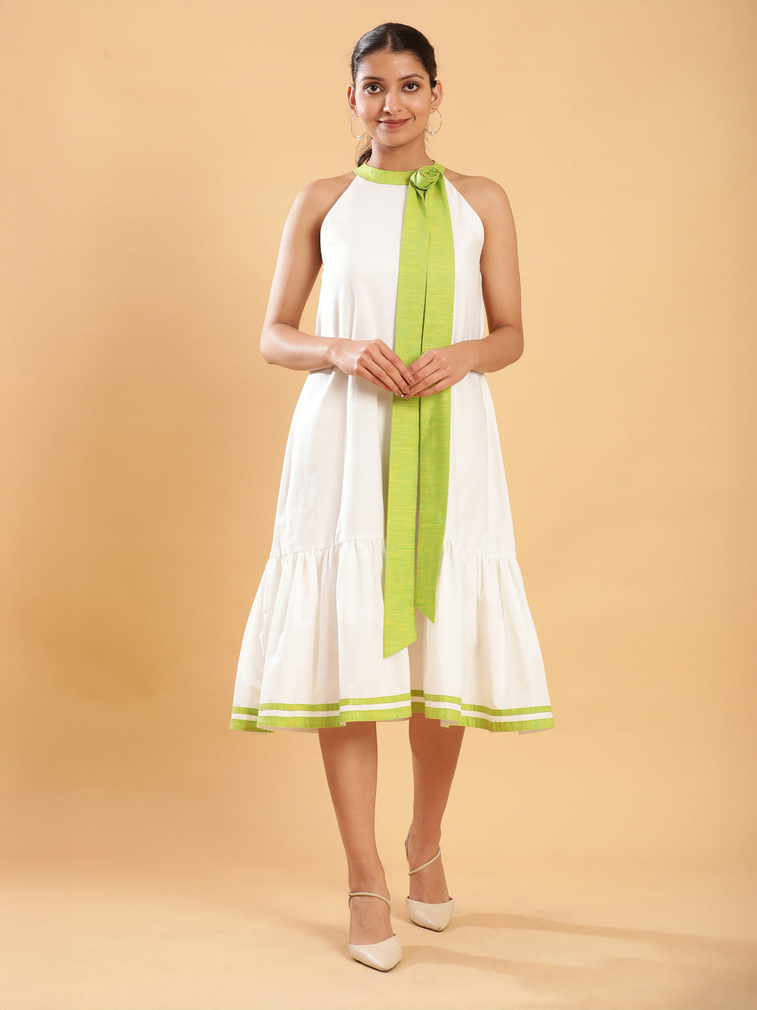 BohoJazz White linen Chic Dress with Lime Detailing