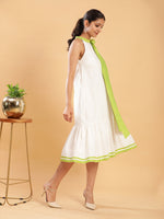 Thumbnail for BohoJazz White linen Chic Dress with Lime Detailing