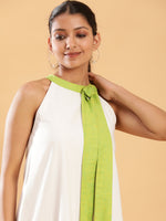 Thumbnail for BohoJazz White linen Chic Dress with Lime Detailing