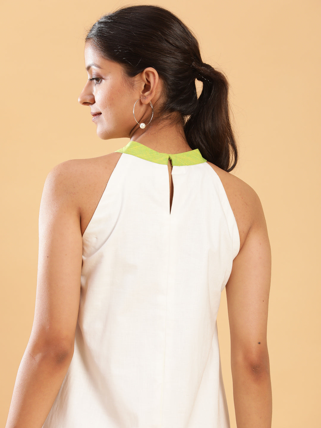 BohoJazz White linen Chic Dress with Lime Detailing