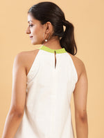Thumbnail for BohoJazz White linen Chic Dress with Lime Detailing