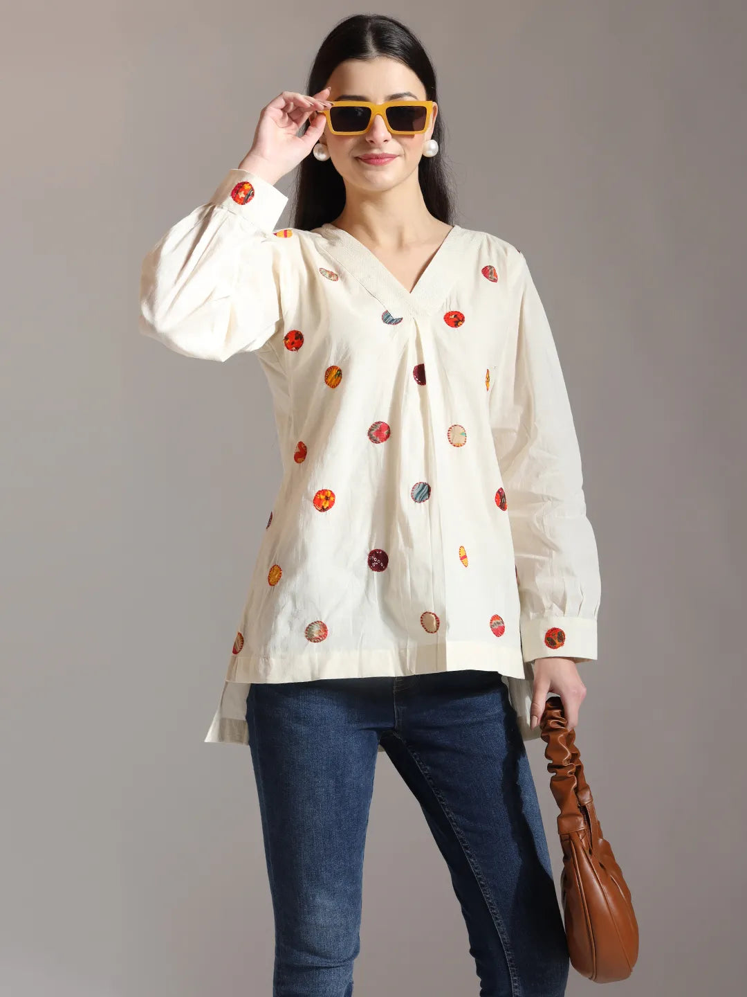 Yufta White Pure Cotton Applique Work Top